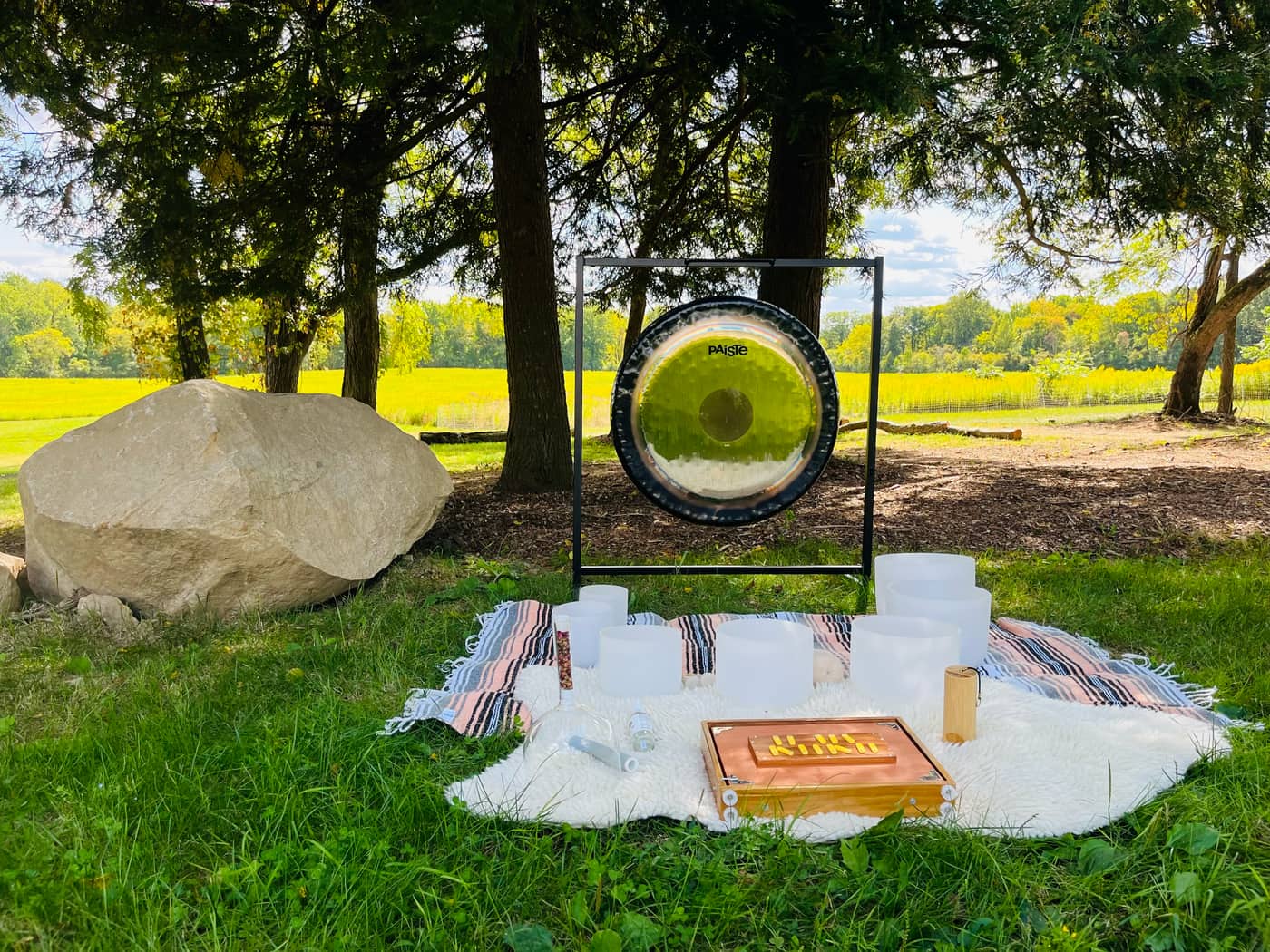 A gong, crystal singing bowls, and ceremony instruments arranged on blankets in a sunlit meadow